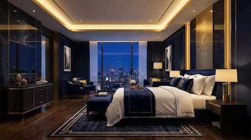 Luxury hotel suite at night